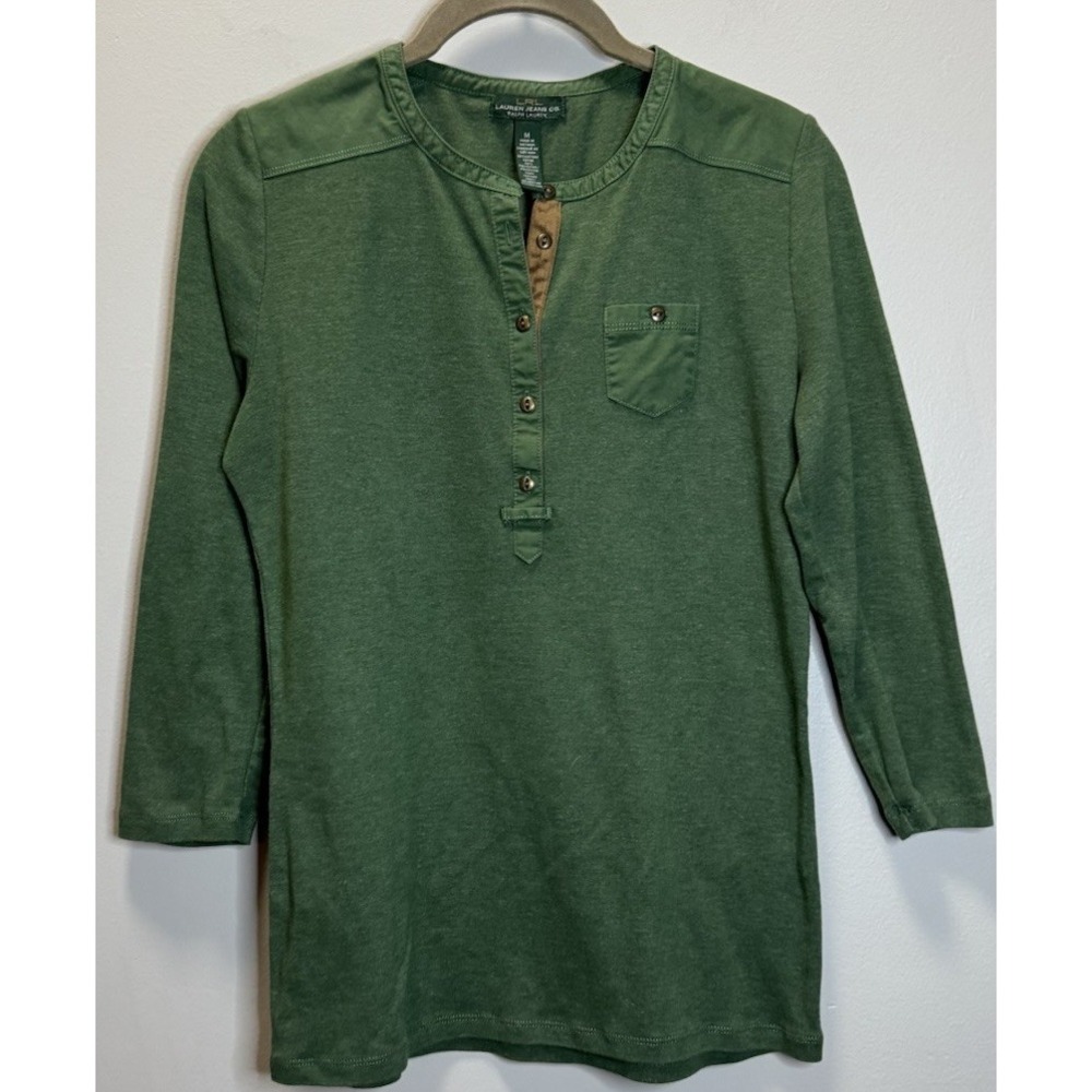 Lauren Jeans Co. Women's Top Green Cotton Blend Henley 3/4 Sleeve Solid Button